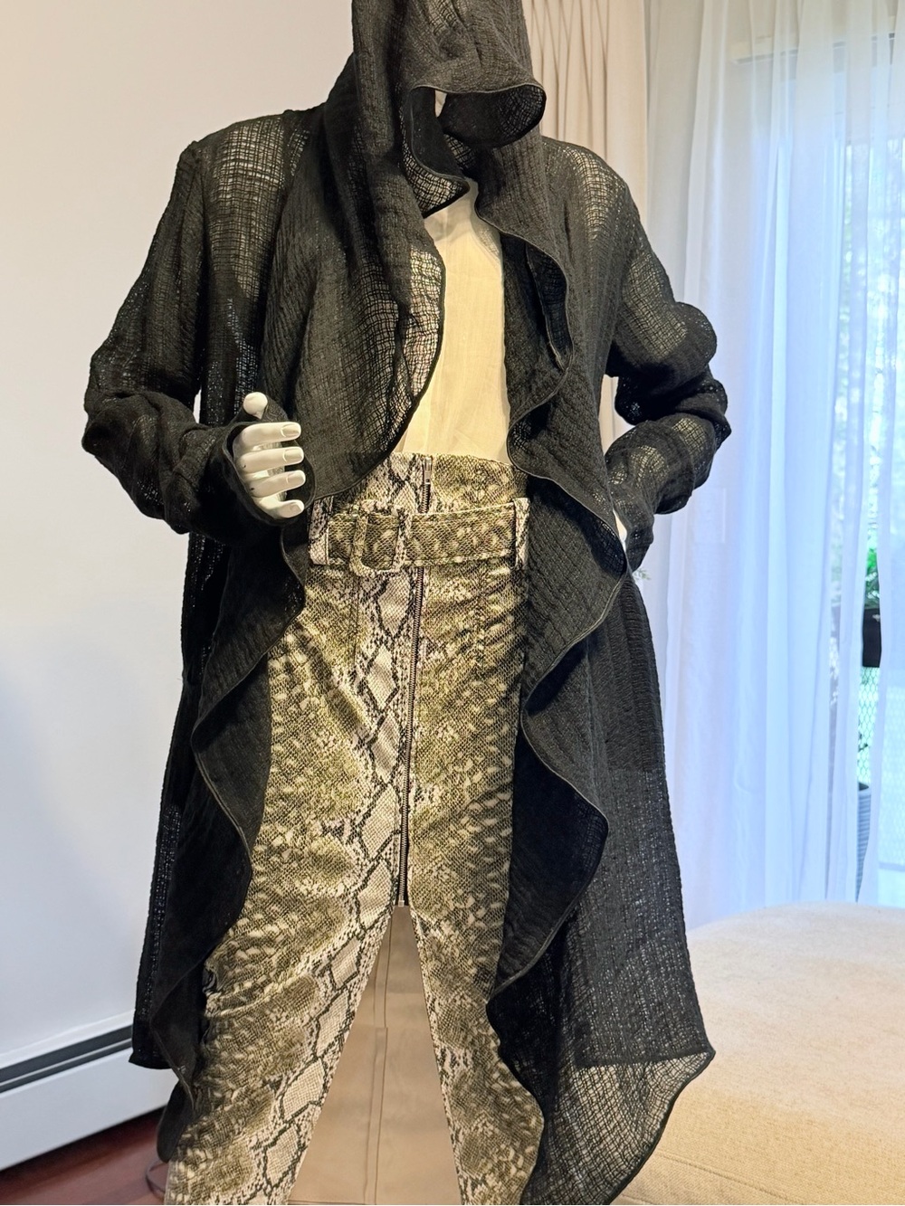 Nostra Santissima Asymmetric Hooded Open-Front Black Cardigan